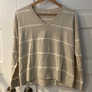 Loft tan/white stripe v neck crop pull over, size small